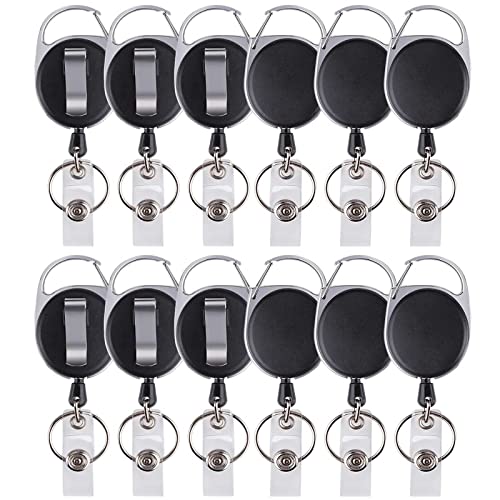 12 Robuste Ausziehbare Ausweishalter mit Karabiner und Schlüsselring – ID-Kartenhalter mit 26,5 Zoll (67 cm) Zugkabel (Schwarz)