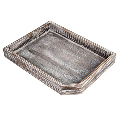 Liry Products Brown Rustic Torched Distressed Wood Food Serving Tray Breakfast Coffee Office Desktop Document Holder Home Kitchen