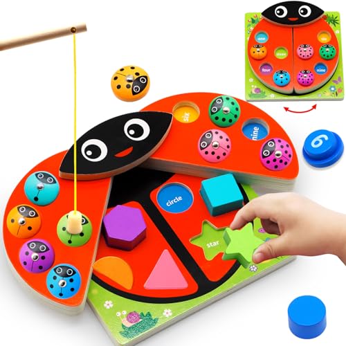 514bmernuhl - Wooden Ladybug Toddler Montessori Toys Magnetic Fishing Game Teaches Numbers, Counting, Math, Shape, Color Puzzle Preschool Learning Activities Educational Block 1 2 3 4 Year Old Boy Girl Gift