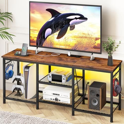 YGEOMER TV Stand Entertainment Center for 55 Inch TVs, with Charging Station and Lights Open Storage Shelves, TV Media Console, Open Storage Shelf with Sound Rack for Living Room, Rustic Brown