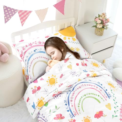 Image of Pea Pod Toddler Bedding Set for Girls, 4 Piece Soft & Breathable Rainbow & Sun Crib Bedding Set, Bed-in-A-Bag Toddler Microfiber Sheet Set, Includes Comforter, Flat Sheet, Fitted Sheet, Pillowcase