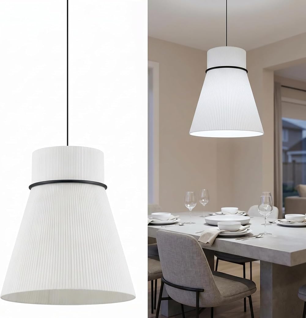XQIDIANAA 15.7inch Modern Pendant Light Fixtures with Fabric Shade, Adjustable Hanging Light Fixture,Drum White Vintage Chandelier for Kitchen Island Bedroom Dining Room Foyer