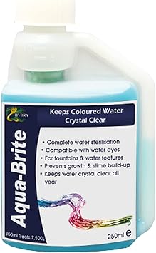Image HYDRA Aqua-Brite 250ml treats UpTo 7500 litres Dyed Water Clean in Fountains and Water Features Image HYDRA Aqua-Brite 250ml treats UpTo 7500 litres Dyed Water Clean in Fountains and Water Features