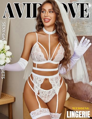 Image of Avidlove Lace Garter Lingerie Set with Removable Choker Teddy Babydoll Strappy Bra and Panty Set (No Stockings)