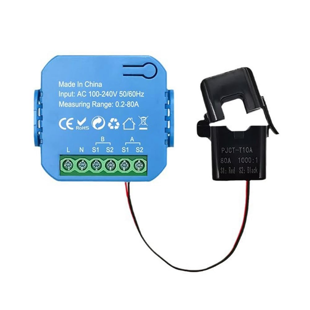 Medidor de Energía Inteligente Tuya WIFI Bidireccional con Pinza de Transformador, Monitor de Potencia de 80 A, Compatible con Alarma, 1 Canal, 1 CT