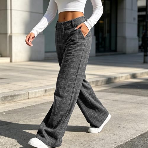 Womens Plaid Straight Leg Pants High Waist Pocket Checked Casual Trousers - image 3