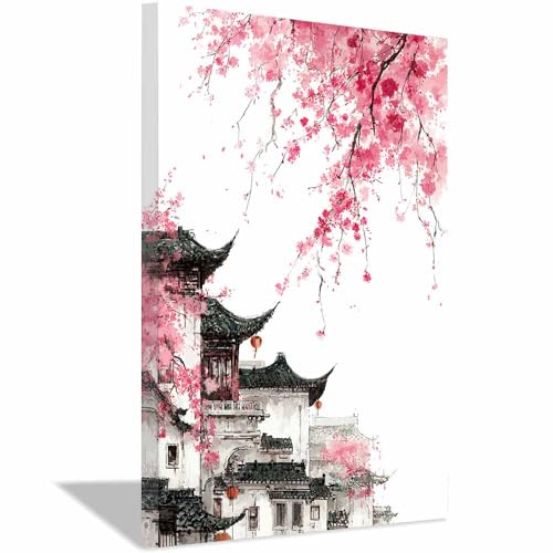 Tableau fleurs rose décoration murale maison - Toile pagode 40x60cm encadrée salon et cuisine