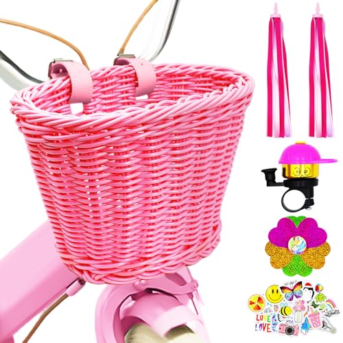 MirraSwit Cesta Bicicleta Delantera, Canasta para Bicicleta para Tejida a Mano, Cesta Bicicleta Niña, con Correas de Cuero, Borlas para Bicicletas, Campanas para Bicicletas (Rosa)