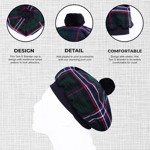 Image of Scottish Tam O' Shanter Hat Tartan Bonnet Pom Pom Wool Flat Cap One Size
