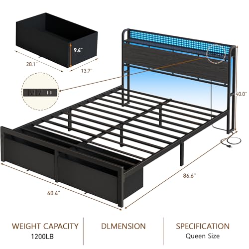 Image of Furnulem Queen Bed Frame with Headboard Storage, Platform Bed Frame Queen Size with Charging Station, 2 Drawers & LED, No Box Spring Needed, Noise Free, Easy Assembly, Rustic Grey (1200 lbs Capacity)