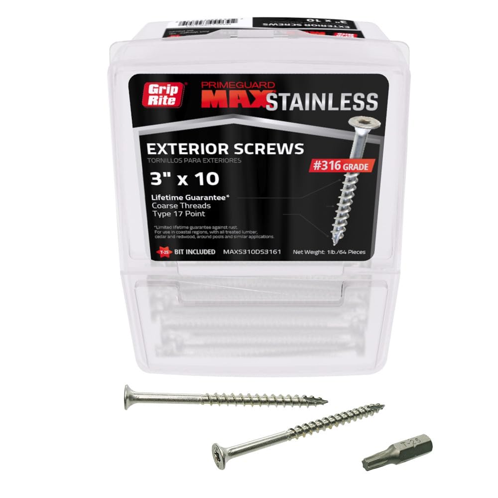Grip-Rite PrimeGuard Max Deck Screws for Outdoor Projects - Bugle Head - Coarse Thread Wood Screws - T25 Star Drive - 316 Stainless Steel - #10 x 3-5 Lb Box - MAXS310DS3165