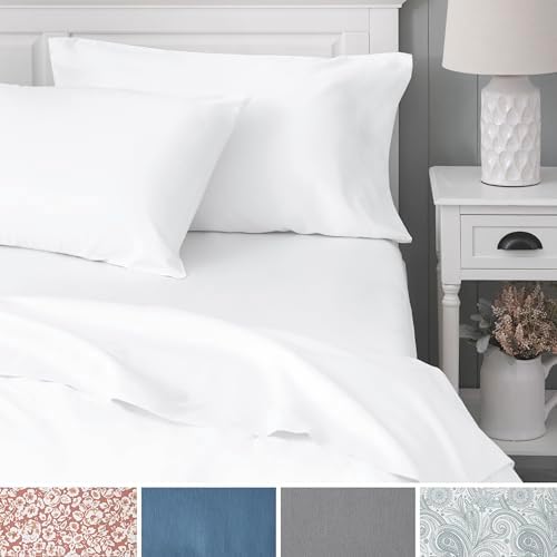 Welhome 100% Cotton Percale 4-Piece Queen Size Solid Bed Sheets Set, 1 Fitted, 1 Flat Sheet with 2 Pillowcases, White - Thumbnail 3