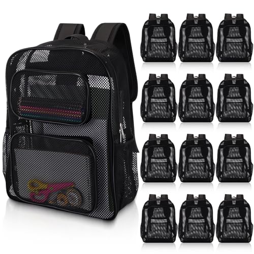 12 Pcs Mesh Backpacks Bulk 17 Inch Heavy Duty School Backpacks for Sports Travel Donation Charities(Black)
