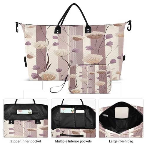 Weekender Bags Travel Duffel Gym Bag Purple Flower Pattern Carry on Overnight Tote Bag with Toiletry Bag for Airplane Travel Trip Gym Yoga2