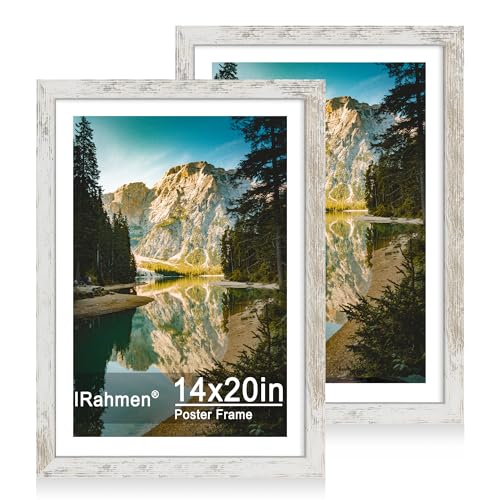 iRahmen 14x20 Picture Frame Set of 2 with Plexiglass, Display 12x18 Photo with Mat or 14 x 20 Without Mat, Rustic Wood Poster Frame for Wall Mounting