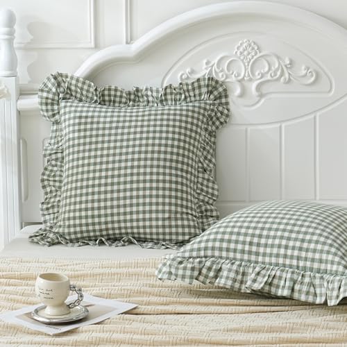 2 Pack Sage Green White Plaid Ruffle Euro Shams Pillow Covers 26x26 inches, 100% Cotton Gingham Checkered Farmhouse Pillowcases for Bed/Sofa (26x26 inches, Sage Green/White Plaid)