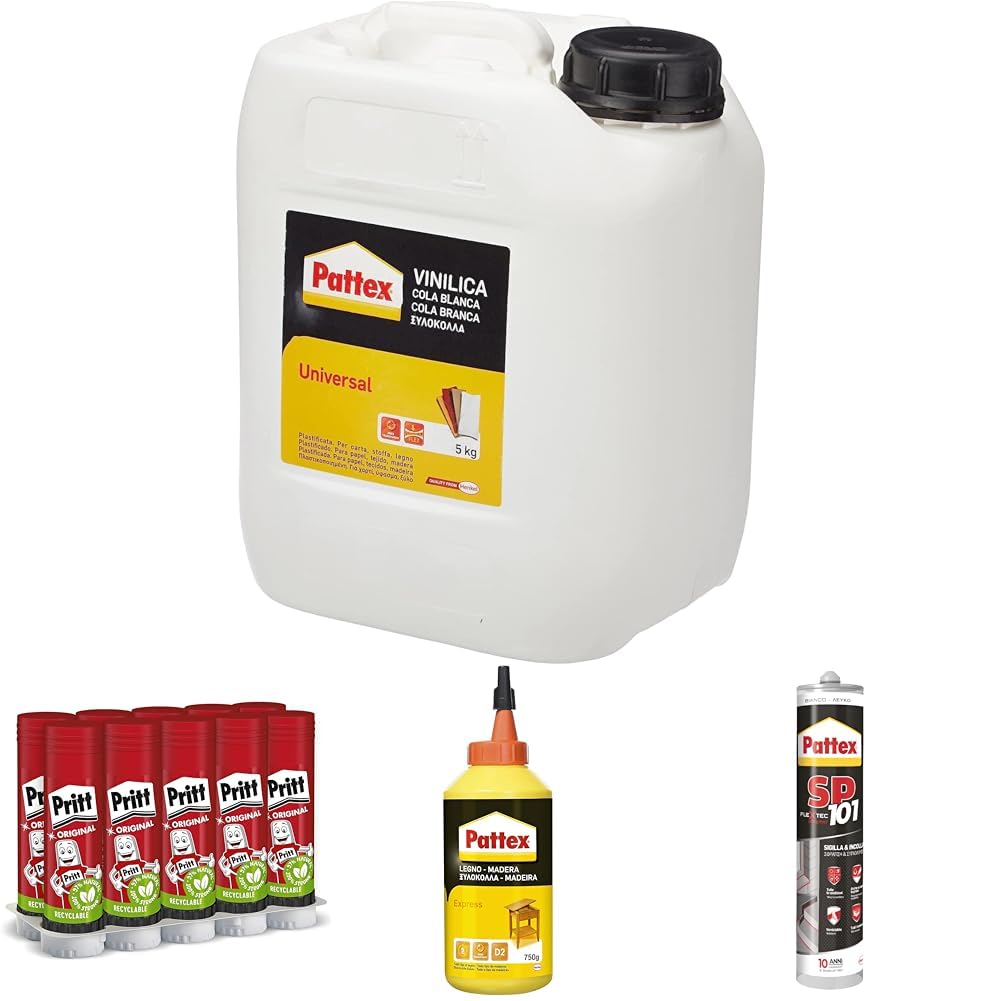 Pattex Vinilica Universale Colla liquida, Colla legno, sughero, feltro, tessuti, carta, cartone, ecc., Colla vinilica bianca all’uso e trasparente quando asciutta, tanica 5kg