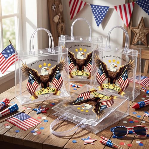 Image of Teenyyou 24 Pcs 250th Anniversary Clear Gift Bags with Handles 4th of July Patriotic USA Eagle Transparent Tote Bags Memorial Day Goodie Candy Treat Gift Container for Independence Day Party Supplies