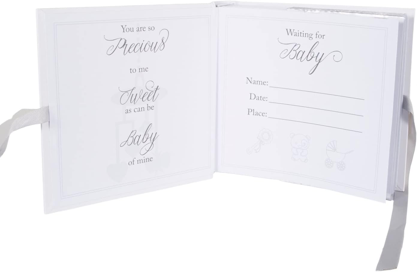 Happy Homewares Beautiful Ivory White Baby Shower Photo Album with Silver Plated Teddy Bear and Stars | Holds 80 Photos | Luxurious Grey Fabric Ribbon