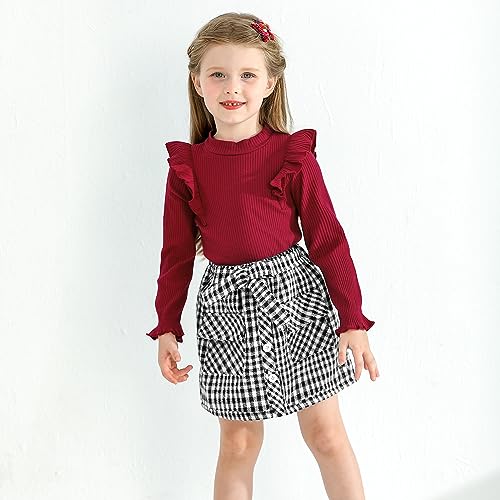 Image of Weixinbuy Toddler Girl Fall Winter Clothes Solid Long Sleeve Ribbed T-Shirt Knit Tops Plaid Button Mini Skirts Set Outfits