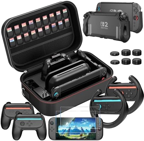 HEYSTOP Tasche für Nintendo Switch 2 Zubehör-Bundle mit Dockable-Switch 2 Schutzhülle, Switch 2 Panzerfolie, Switch 2 Lenkräder und Joycon Griff Hülle für Nintendo Switch 2 Controller