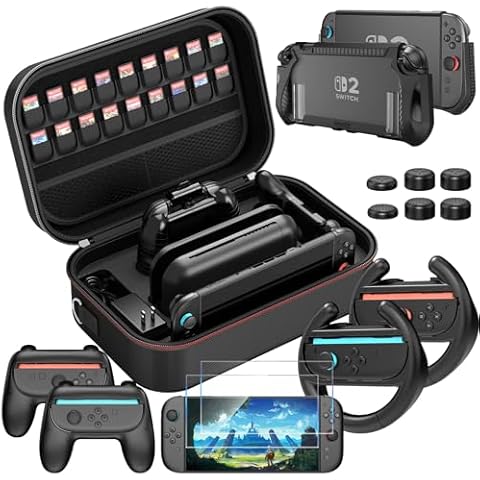 HEYSTOP Case for Nintendo Switch 2 Accessories Bundle with Switch 2 Dockable Protective Cover Switch 2 Tempered Film,Switch 2 Racing Wheels Joycon Grip Cover for Nintendo Switch 2 Controller Cover