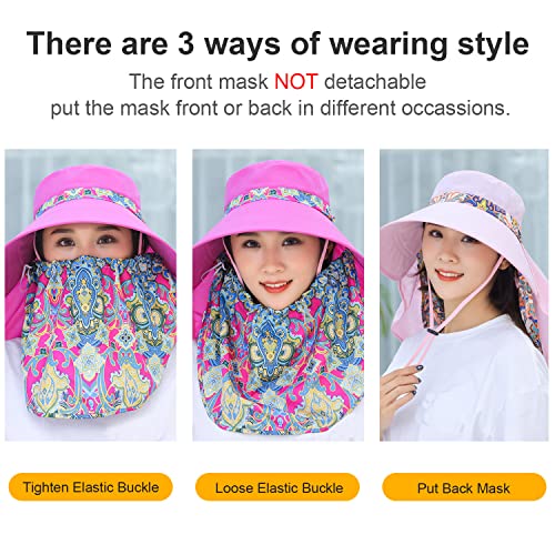 Image of Women Wide Brim Face Mask Sun Hat Detachable Neck Face Flap Ponytail UV Protection Visor Hat Garden Fishing Hiking