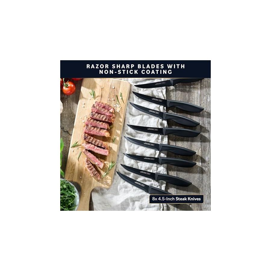 Home Hero Kitchen Knife Set with Sharpener - High Carbon Stainless Steel Knife Block Set with Ergonomic Handles (16 Pcs - Black/Wood)