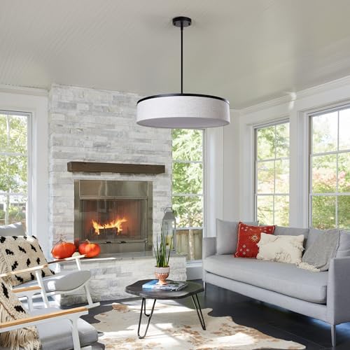 LamQee 20" Drum Chandelier Light Fixture with Integrated LED, Large Fabric Pendant Light in Black Metal + White Linen Shade, Modern Farmhouse Lighting Ceiling Hanging for Dining Room Kitchen Bedroom by LamQee - Used condition - Image 8