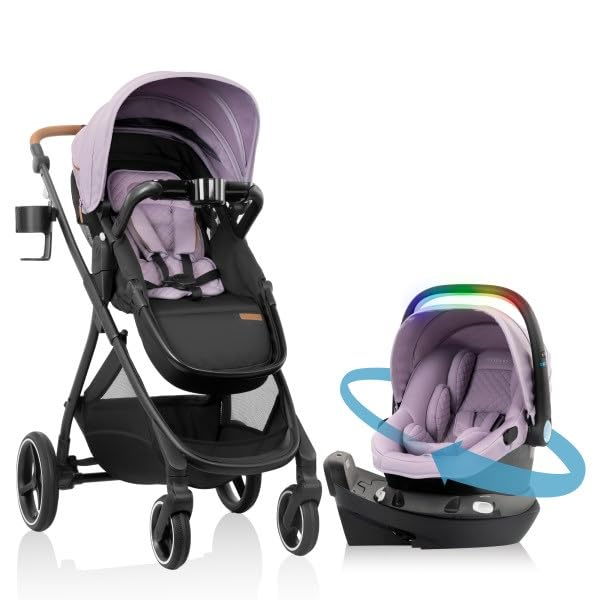 Image of Evenflo Shyft Intuiti+ Travel System Featuring Revolve180 LiteMax NXT Preemie and Infant Car Seat with SensorySoothe and Green & Gentle (Agate Purple)