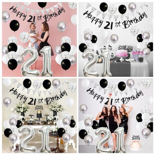 Image of 21st Birthday Decorations for Him Her, Happy 21st Birthday Banner with Black Silver White 21st Birthday Balloons Birthday Cake Topper Number 21 Foil Balloon for Men Women 21 Year Old Party Decoration