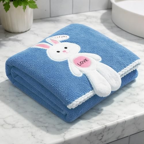 Image of Story@Home Kids Microfiber Bath Towel with Bunny Design | Quick Dry & Soft | 300 GSM | 120 x 70 cm | Lightweight Pool, Beach & Bath Towel for Boys & Girls | Blue