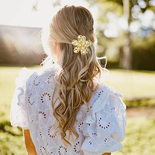 Gqlv Flower Claw Clips-3Pcs Flower Hair Clips For Women Girls,Strong Hold Hair Claw Clips For Thin Hair,Nonslip Pearl Gold Hair Clips,Rhineston Cute Hair Clips,Big Metal Claw Clips For Medium Thick Hair,Crystal Wedding Hair Styling Accessories Gifts For Women/Girls (1A-3Pcs Medium Golden Flower) #TOP1