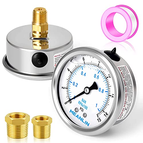 MEANLIN MEASURE 0~15Psi Stainless Steel 1/4" NPT 2.5" FACE DIAL Liquid Filled Pressure Gauge WOG Water Oil Air Center Back Mount, with 1/2" NPT and 3/8" NPT Hex Bushing
