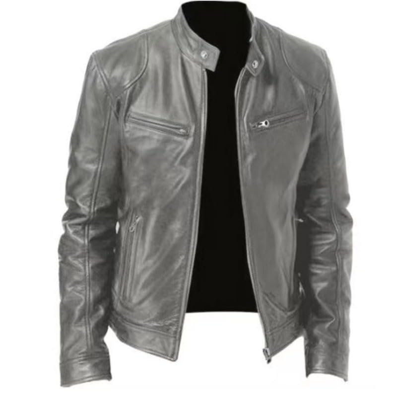 Veste rétro en cuir homme gris foncé manteau motard 5XL