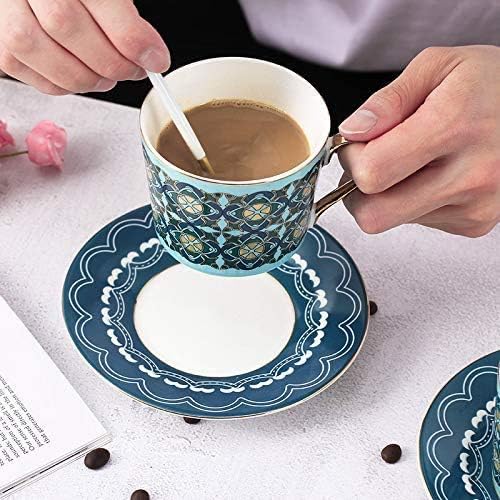 LEKOCH Tea Cups and Saucers Sets with Gift Box, Fine Dining Porcelain Coffee Cups 2 Sets (Blue)