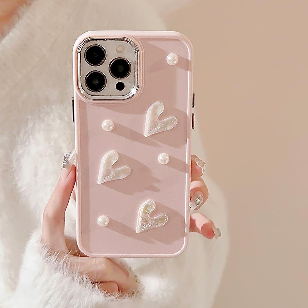 HJWKJUS Compatible with iPhone 12/12 Pro Case for Girls Women,Cute 3D Love Heart Pearl Design Protection Case Fashion Slim Soft TPU Shockproof