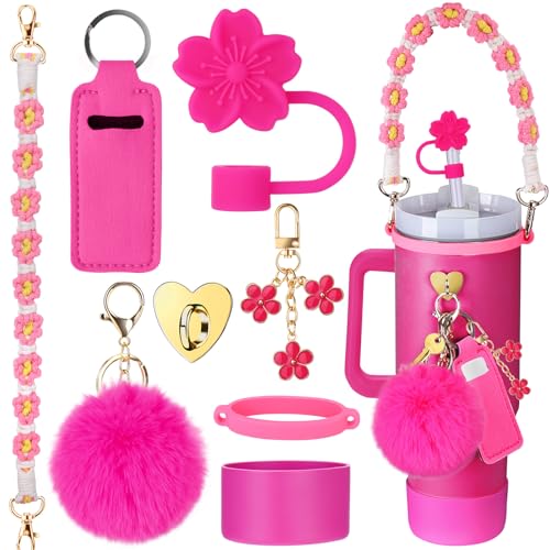 Mity rain Cup Accessories for Stanley Cup 30oz 40oz Tumbler with Handle, Including Water Bottle Handle Strap, Chapstick Holder, Boot, Keychain Charms, Straw Topper Cover Cap for Stanley (Rose)
