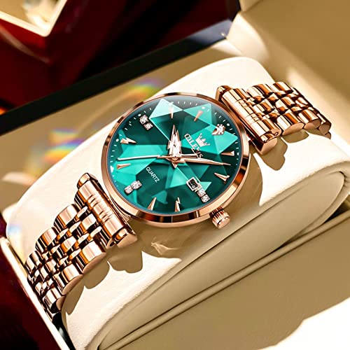 Olevs Rose Gold Watch For Women Diamond Green Luxury Dress Wristwatch Luminous Waterproof #TOP1