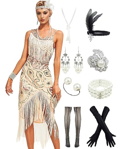 Image of Peacock-inspired 1920s Gatsby Beaded Flapper Sling Dress Womens Vintage Cocktail Dress W /Complete Accessories Set
