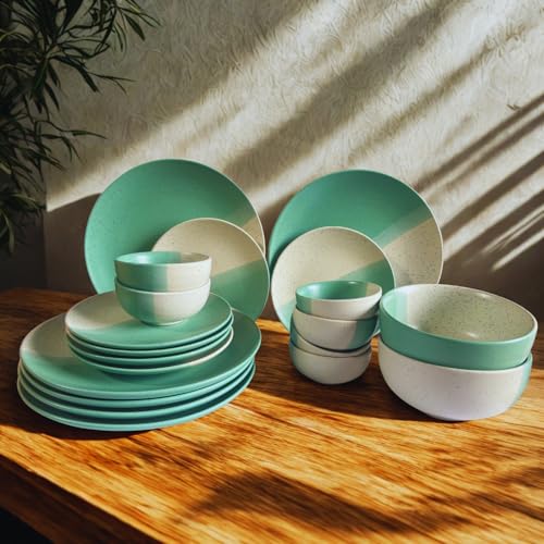Image of Yourowndcor 21-Piece Ceramic Dinnerware Set | 6 Dinner Plates, 6 Quarter Plates, 6 Bowls & 3 Large Serving Bowl | Dual Minth Green and Beige Color Speckled Design