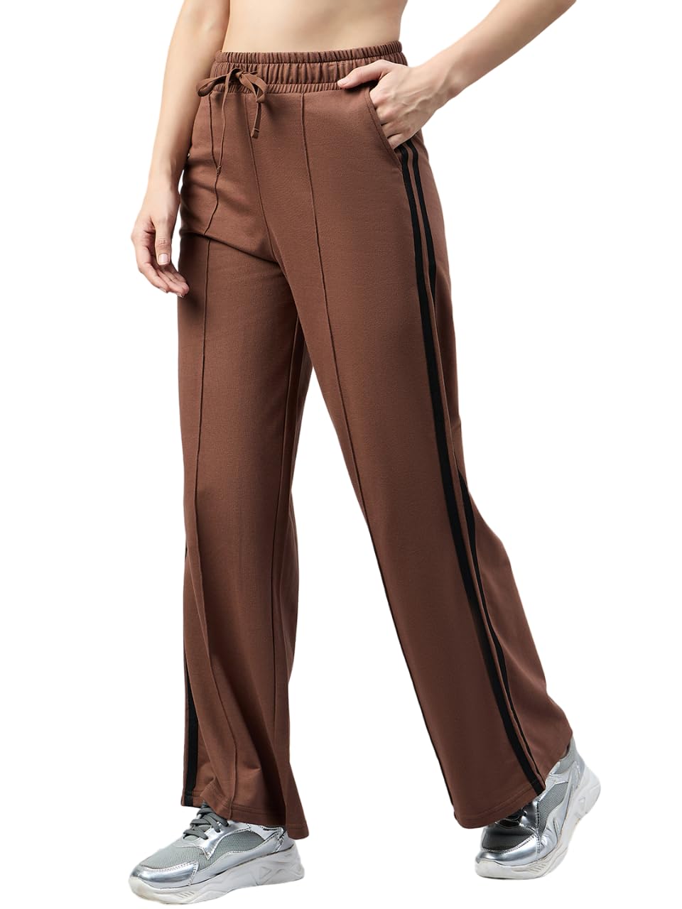 femea Women's Solid Loop Knit Side Stripe Wide Leg Track Pants (M, Brown)-picture-17