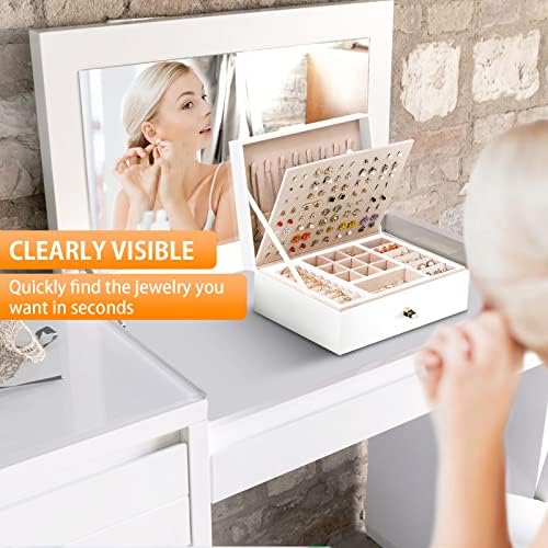 Jewellery Box Organizer for Women Girls Ninonly 2 Layers Large Jewellery Storage Box with Lock PU Leather Jewellery Case with Removable Tray for Necklace Earrings Rings Bracelets Storage White