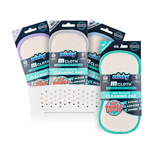 Minky 4 Triple Action Antibacterial Pads with Storage Basket | Kitchen Cleaner | Dual Sided Sponge | Non Scratch Sponge | Cleaning Products | Cleaning Supplies | Sponges