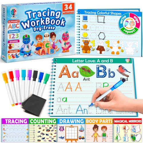 Image of Curious 2 Learn Hardcover Preschool Activity Workbook for Kids Ages 3–5 – 32 Montessori Learning Activities with 9 Markers – ABC, Numbers, Colors & Shapes – Educational Gift for Boys & Girls