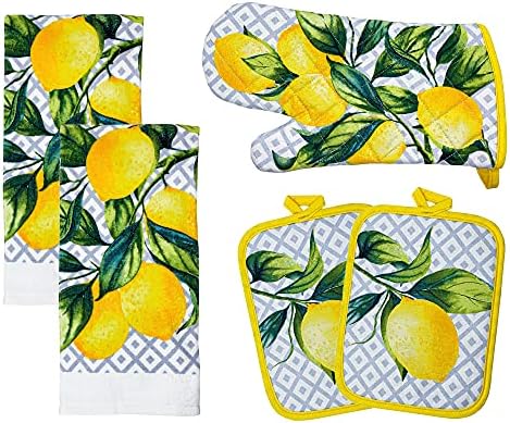 Franco Kitchen Designers Soft and Absorbent Cotton Towels with Pot Holders and Oven Mitt Linen Set, 5 Piece, Citrus Lemons