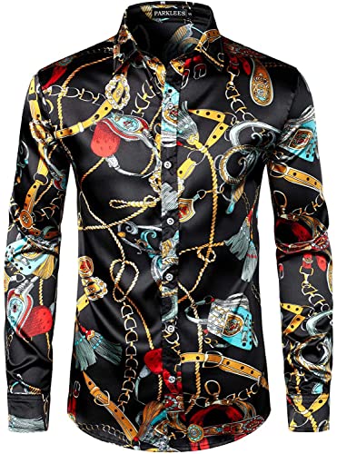 Image of PARKLEES Men's Hipster Printed Silk Like Satin Button Up Dress Shirt for Party Prom Black L