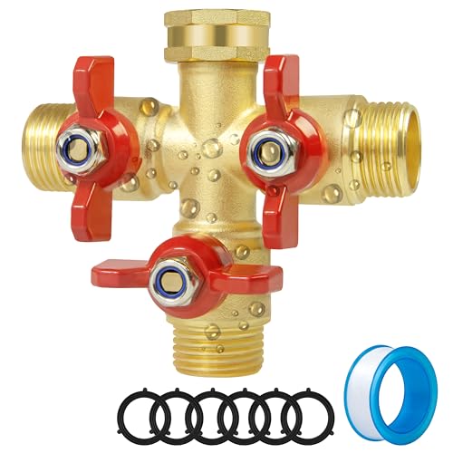 Full Flow 3 Way Hose Splitter, Solid Brass Garden Hose Splitter Valve with Metal Handle, Heavy Duty High Flow Spigot Splitter with Shut off Valve, 3/4 Inch Garden Tap Splitter