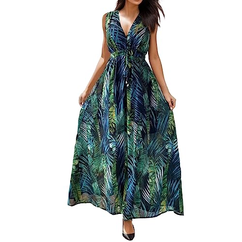 tropical formal dress Women's Sleeveless Long Max Beach Dresses Spring V Neck Cocktail Summer Leaf Print Quinceanera Party at Amazon Women's Clothing store The vibrant tropical print Style:Lace Bodice july4thsale7/1new White Dress and Gold