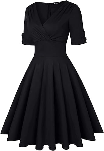 Miniatura 3 de MINTLIMIT Vestido vintage de los años 50 con cuello en V y media manga para mujer, vestido de cóctel retro acampanado liso